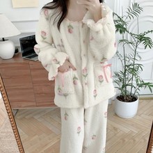 韩国ins女士加厚花边领蝴蝶结喇叭袖可爱花朵郁金香爱心睡衣套装