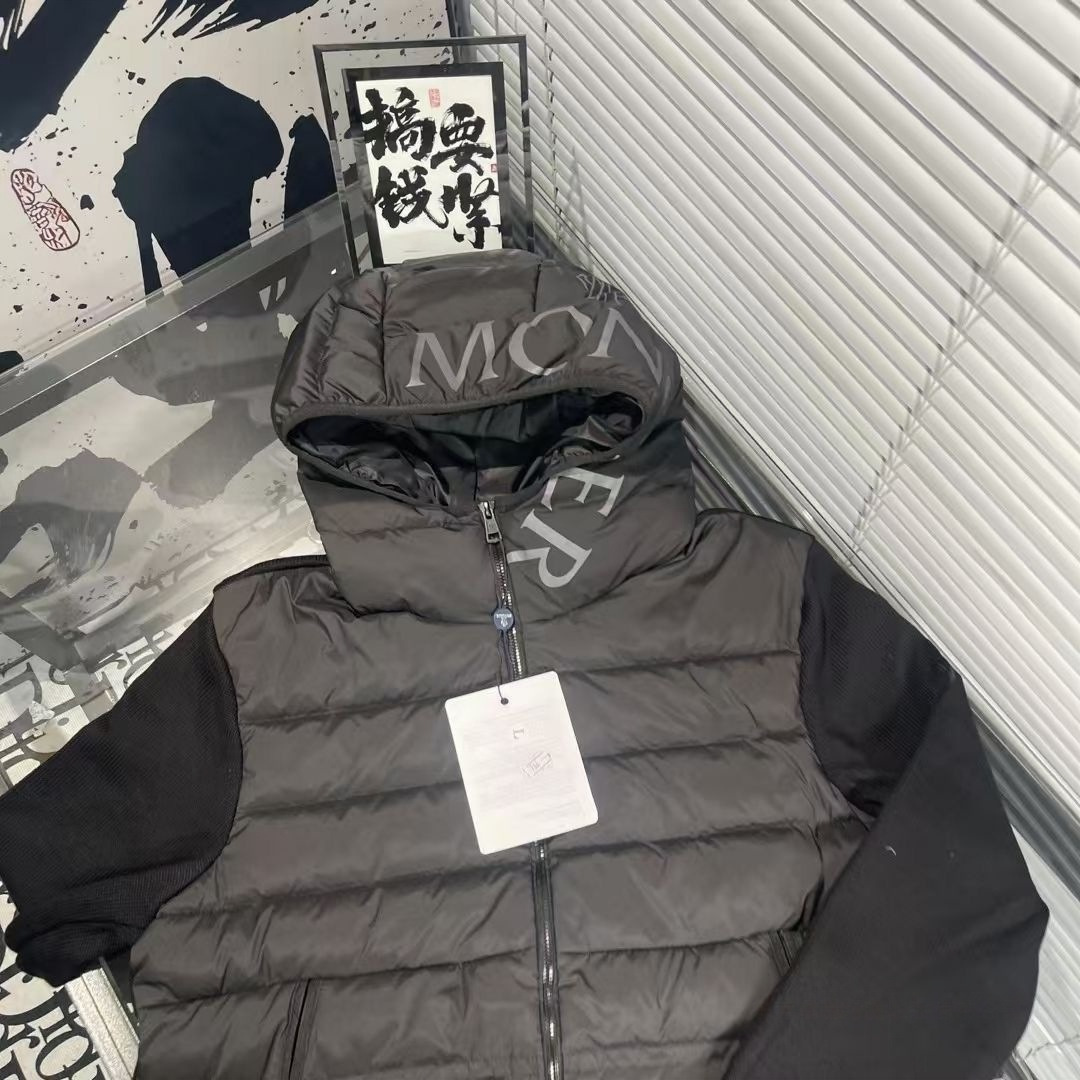新款轻奢休闲针织拼接保暖百搭时轻薄连帽男棉服外套冬季棉服黑色
