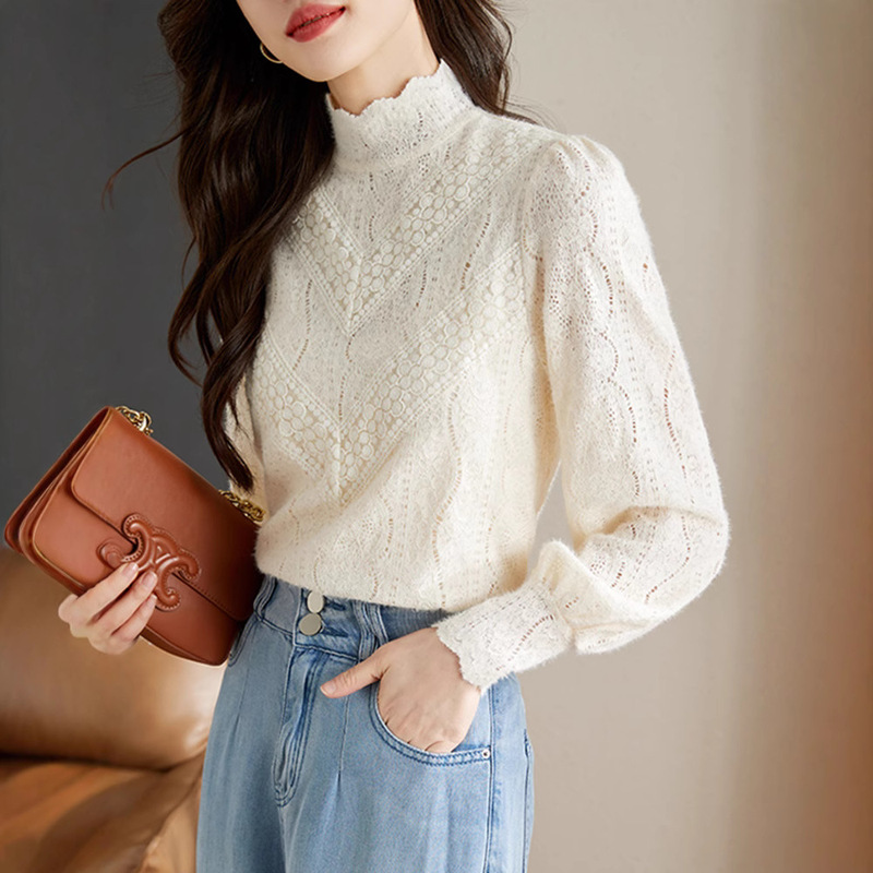 4509 Half High Collar Lace Base Shirt Women's Winter 2024 Autumn and Winter New Interior fleece-lined Top Beautiful Foreign Style