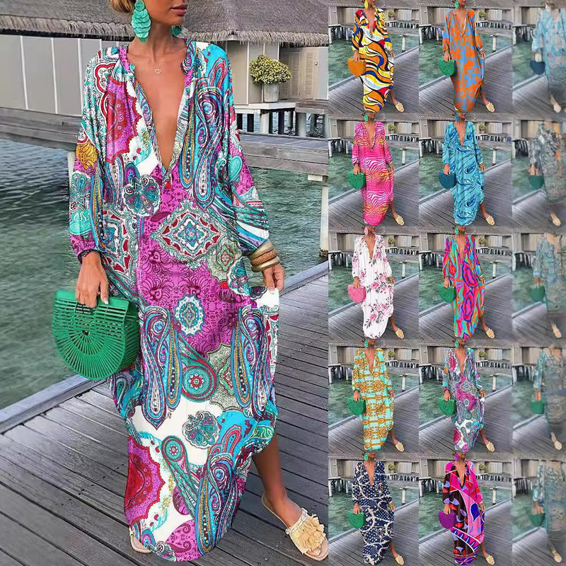 2023 Europe and the United States cross-border Amazon independent station New explosion fashion printing V-neck dress women's foreign trade 2023 Europe and the United States cross-border Amazon independent station New explosion fashion printing V-neck dress women's foreign trade