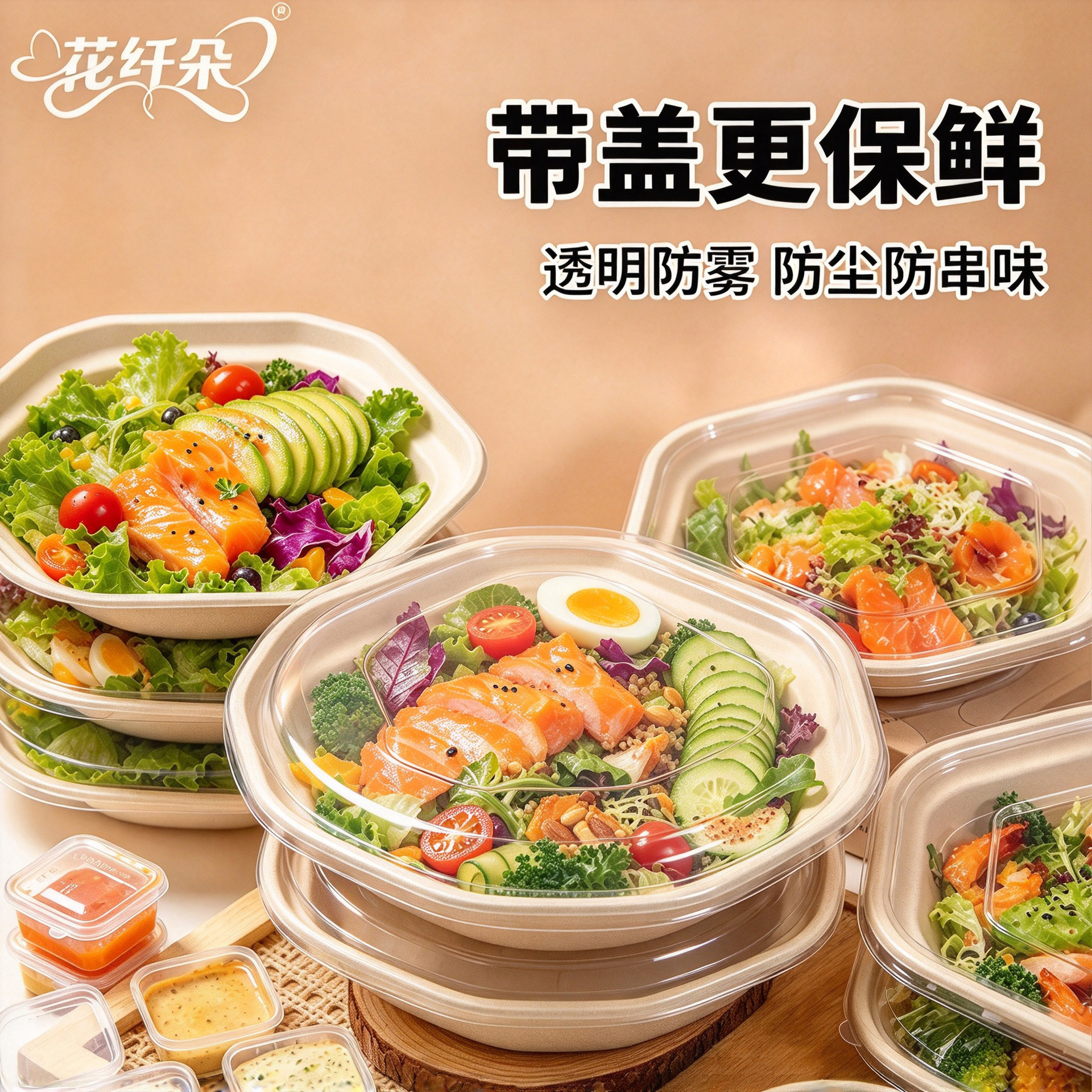 Tazón Desechable Hexagonal para Ensalada 750 ml de Pulpa de Papel Biodegradable