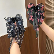 森系玫瑰马尾夹法式浪漫高级感碎花爆款后脑勺盘发飘带蝴蝶结发夹