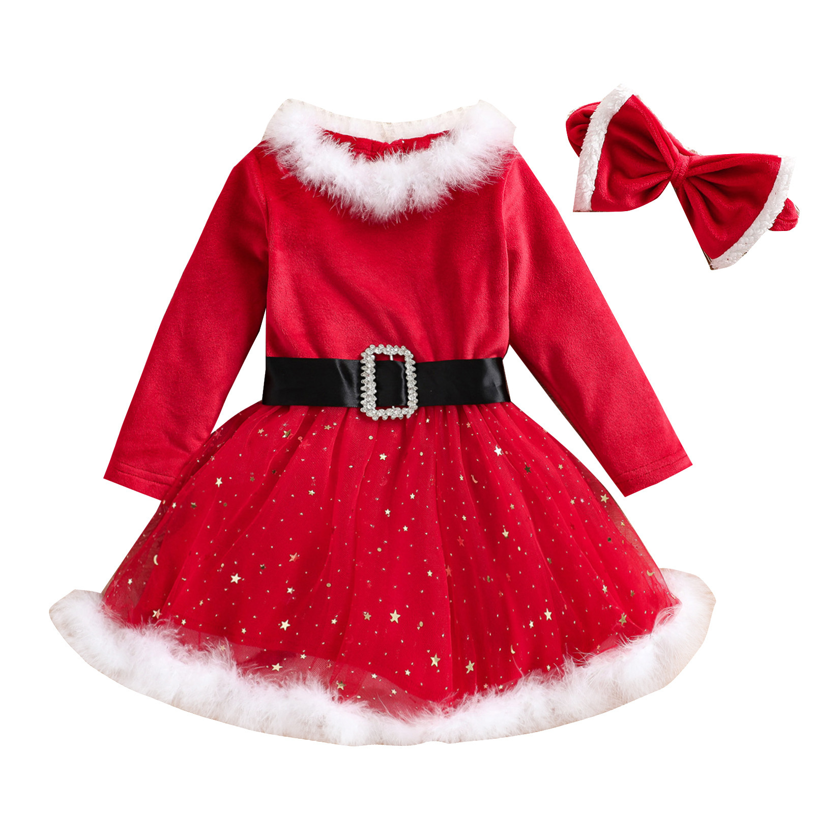 200g Weight Knee-Length Dress Length Type Long Sleeve Sleeve Length Party Dress Dresses Type Christmas Fashion Solid Color Cotton Girls Dresses