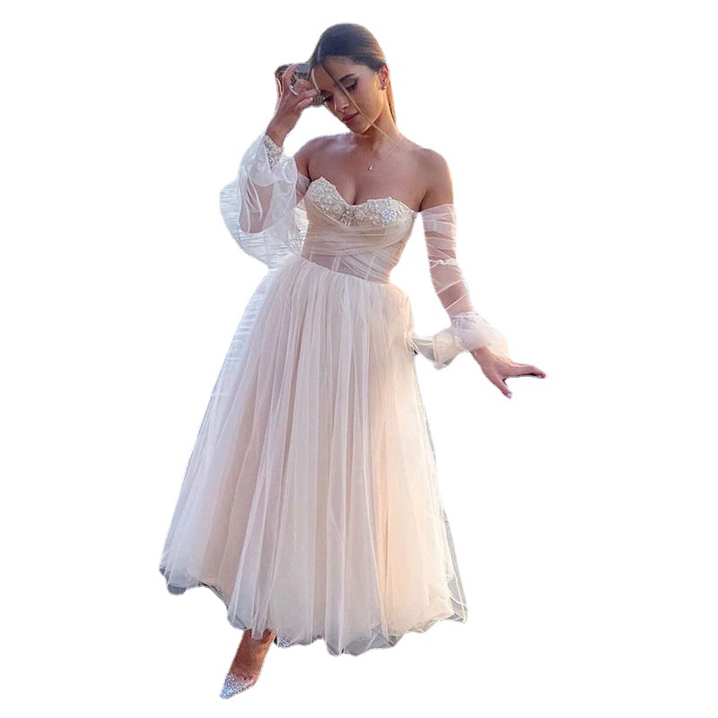 Comercio exterior europeo y americano Amazon AliExpress deseo vestido de noche de las mujeres sexy fuera de hombro manga de burbuja vestido de malla