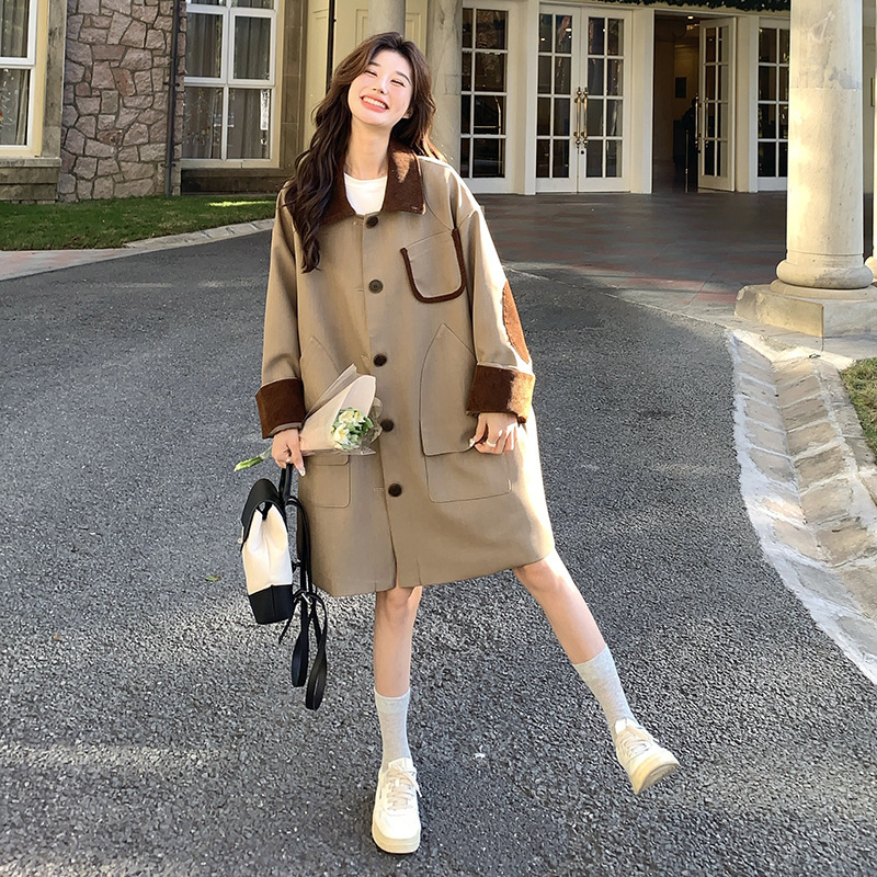 卡其色灯芯绒拼接风衣外套女2025秋季新款韩版宽松休闲中长款大衣|undefined