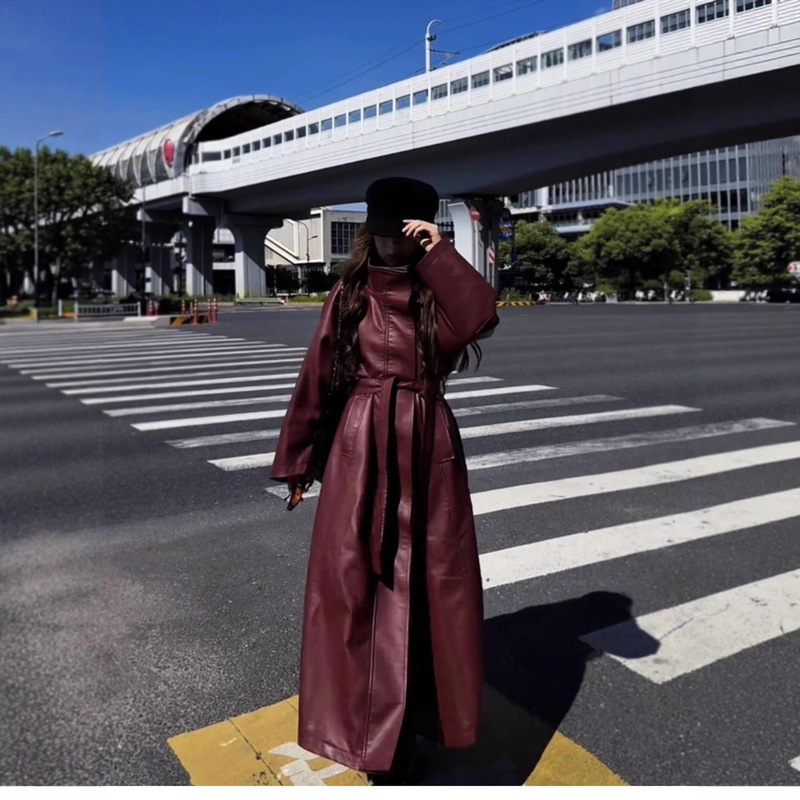 High-End Stand-Up Collar Pu Leather Jacket Mid-Length Women's 2025 Autumn and Winter Elegant Lace-Up Retro Red Windbreaker Coat