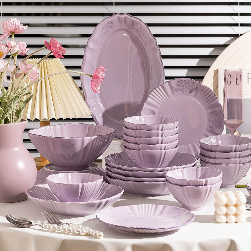 Ins-Style Cream Purple Bowl and Plate Set, Household Ceramic Tableware, Bowls, Rice Bowls, Soup Bowls, Plates, Conical Bowls, Housewarming Gift