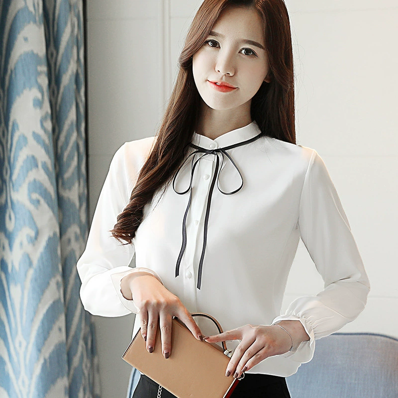 Реальный снимок осенней новой женской шифоновой рубашки с длинными рукавами в корейском стиле, воротником-стойкой и тонкими бретелями, шифоновой рубашкой с длинными рукавами