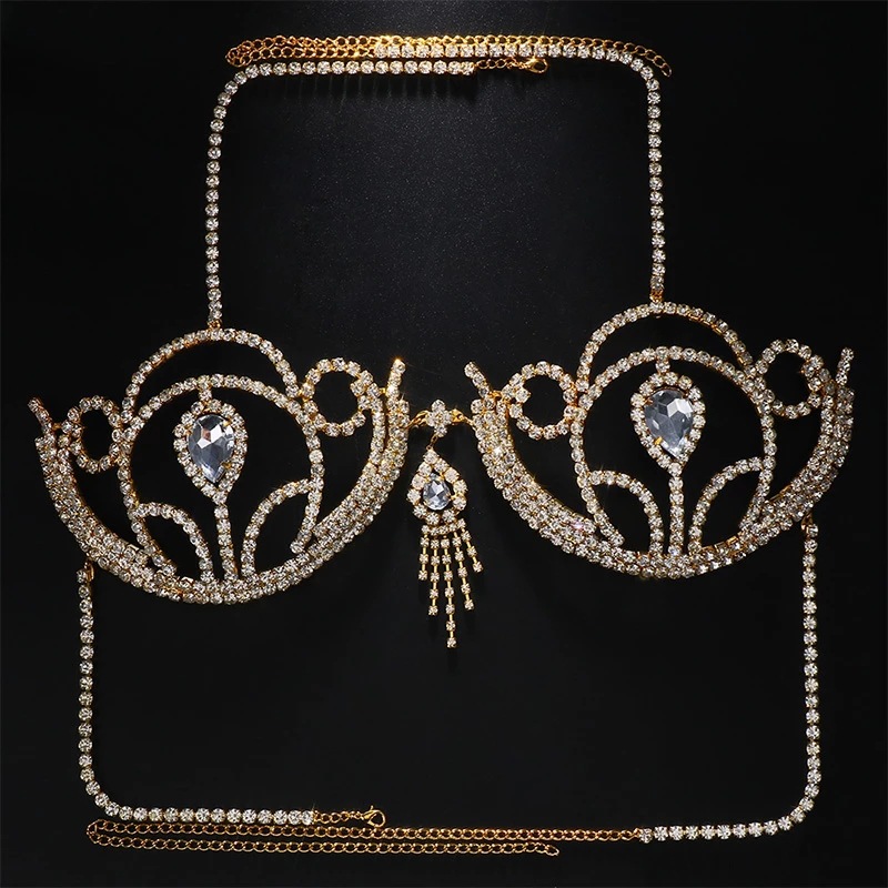 European and American fashion chest chain with diamond hollow water drop bra nightclub sexy rhinestone body chain for women