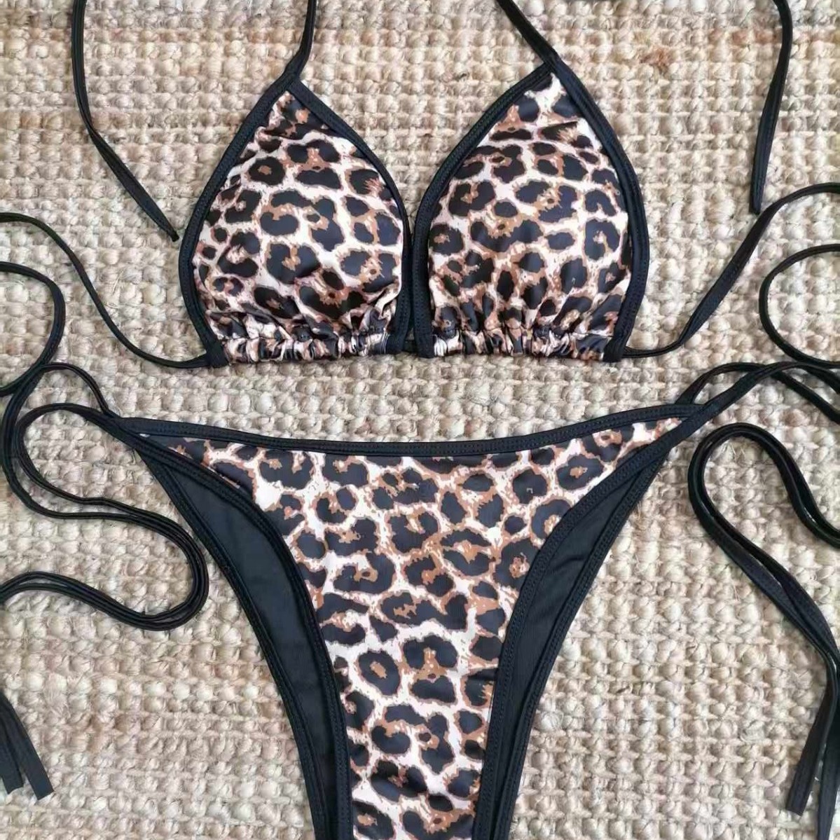 Cross-Border European and American Foreign Trade New Leopard Print Lace-Up Halter Amazon Bikini Triangle Split High-End Swimsuit Wholesale