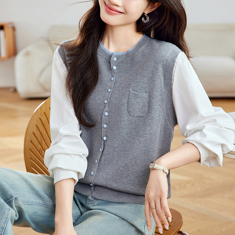 Cotton Cocoon Fake Two-Piece Knit Sweater for Women, Long-Sleeve, 2026 Spring/Summer Thin Top with Splicing Design Cardigan Sweater