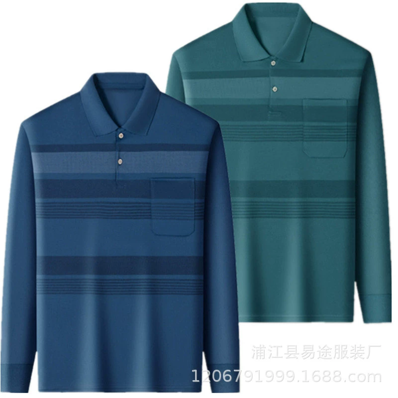 Весенне-летняя мужская футболка для среднего и пожилого возраста с лацканами и длинными рукавами в горизонтальную полоску, рубашка-поло с воротником, тонкая повседневная мужская одежда