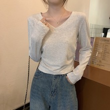 实拍 2024早秋韩版百搭V领设计感纯色内搭长袖纯棉打底女T恤上衣