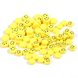亚克力印花黄色笑脸卡通直孔圆形扁圆散珠子DIY手机链饰品配件