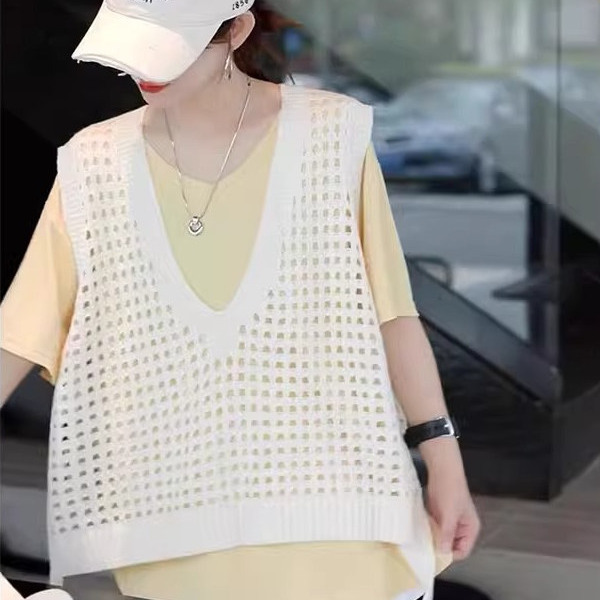 Summer Design Sense Loose Outer Wearing Sleeveless Stacked Top Fashionable Lazy Style V-Neck Hollow Knitted Vest Women's Vest