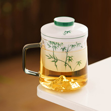 工厂手绘翠绿文竹泡茶杯办公室玻璃杯子竹福安康马克杯茶水分离杯
