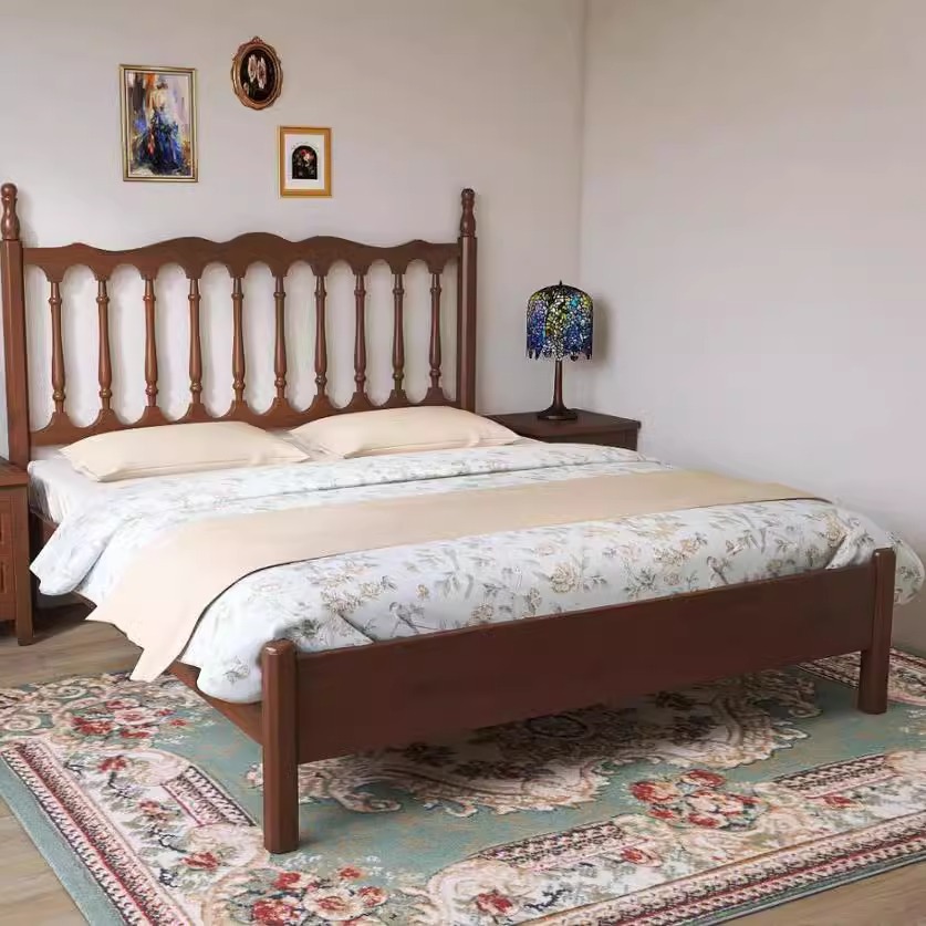 Cama de madera maciza de estilo americano de campo de 1.5m moderna simple retro francesa de 1.8m cama doble cama Windsor duradera