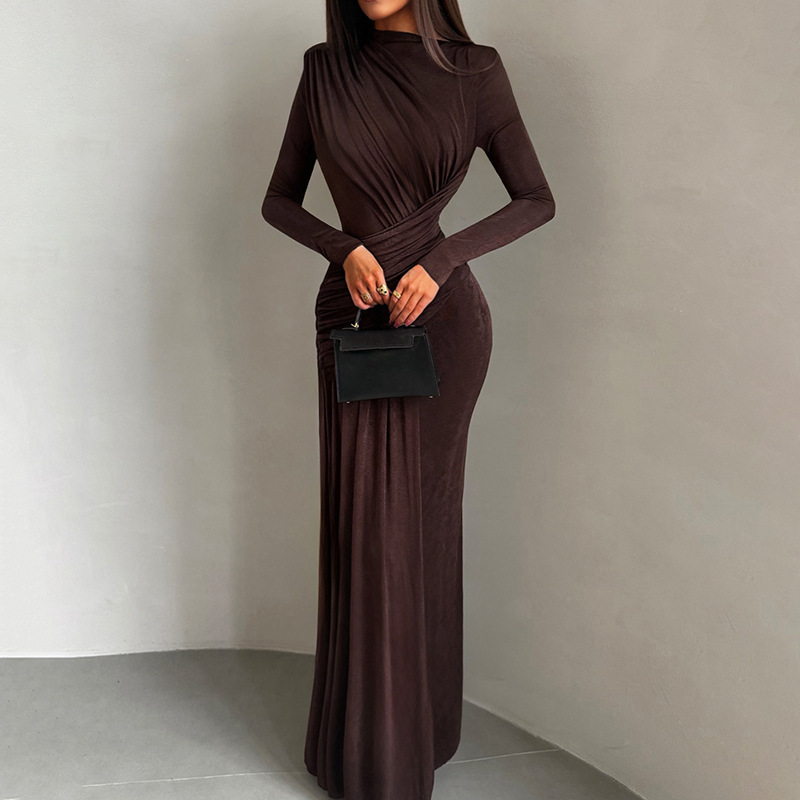 Foreign Trade European and American Style 2025 Autumn and Winter New Fashion Elegant Solid Color Round Neck Long Sleeve Pleated Slim Fit Dress for Women