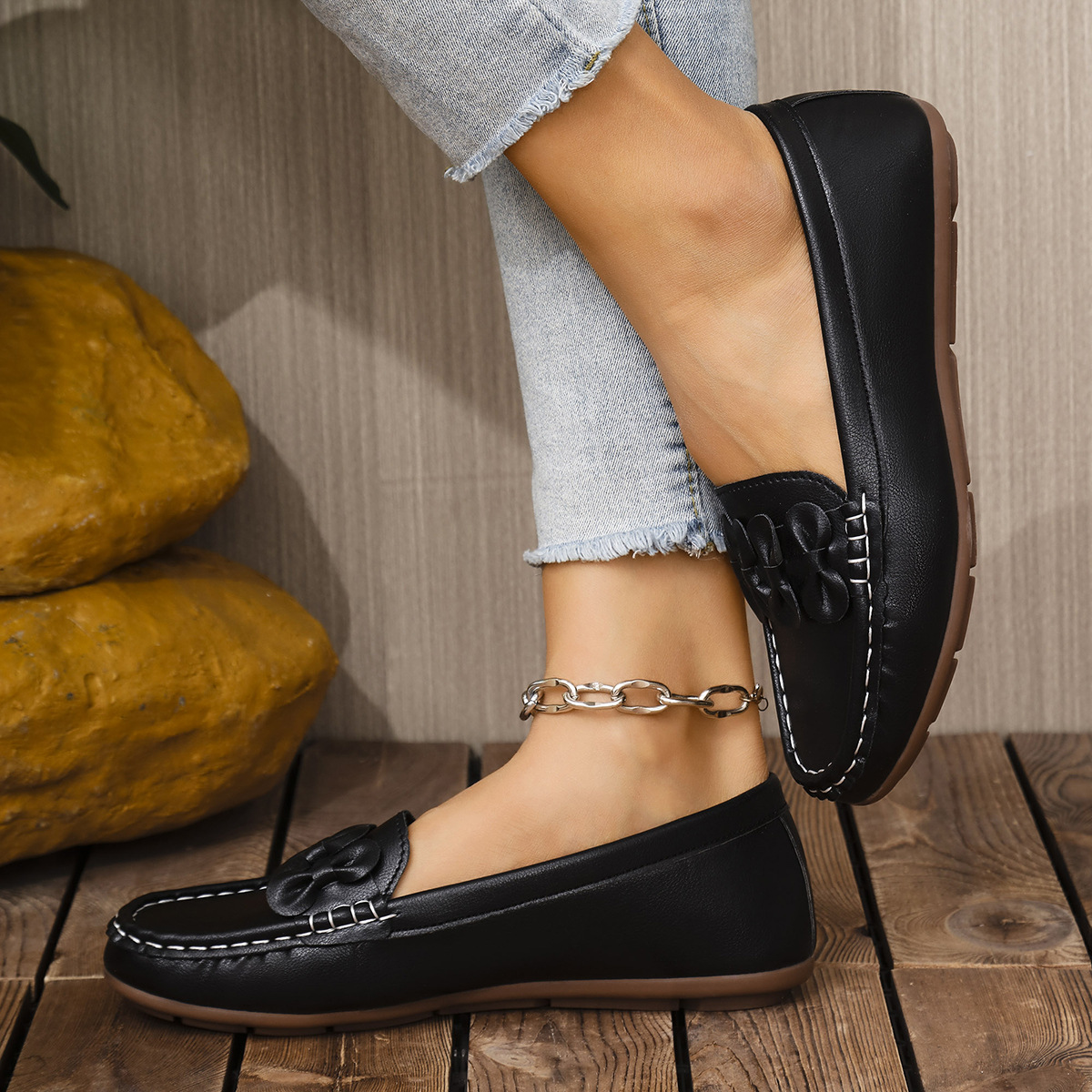 Mocasines Planos para Mujer de Cuero Artificial, Tacón Bajo, Cierre Autoadhesivo, para Banquetes