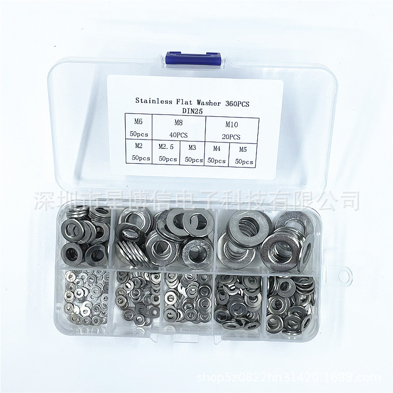 360pcs 304垫片 不锈钢平垫圈M2 2.5 3 4 5 M6 8 M10组合螺丝垫圈