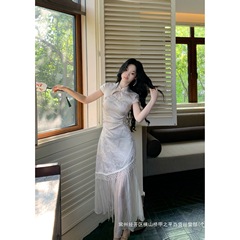 Blovelan白桦林间 国风贵气修身新中式流苏拼提花腰旗袍裙夏拼接