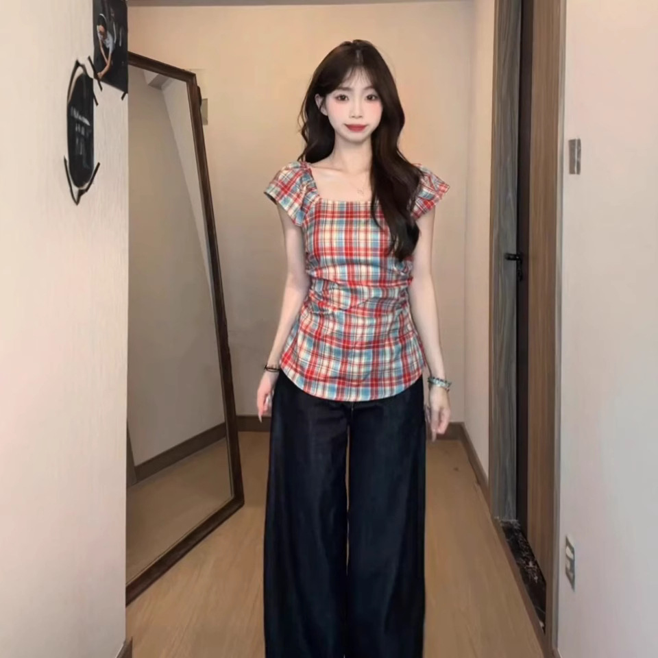 韩系格纹方领短袖衬衫女2025夏季新款不规则设计感收腰多巴胺上衣
