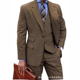 人字纹西服复古套装男西服套装三件套西装英伦婚礼宴会男士礼服