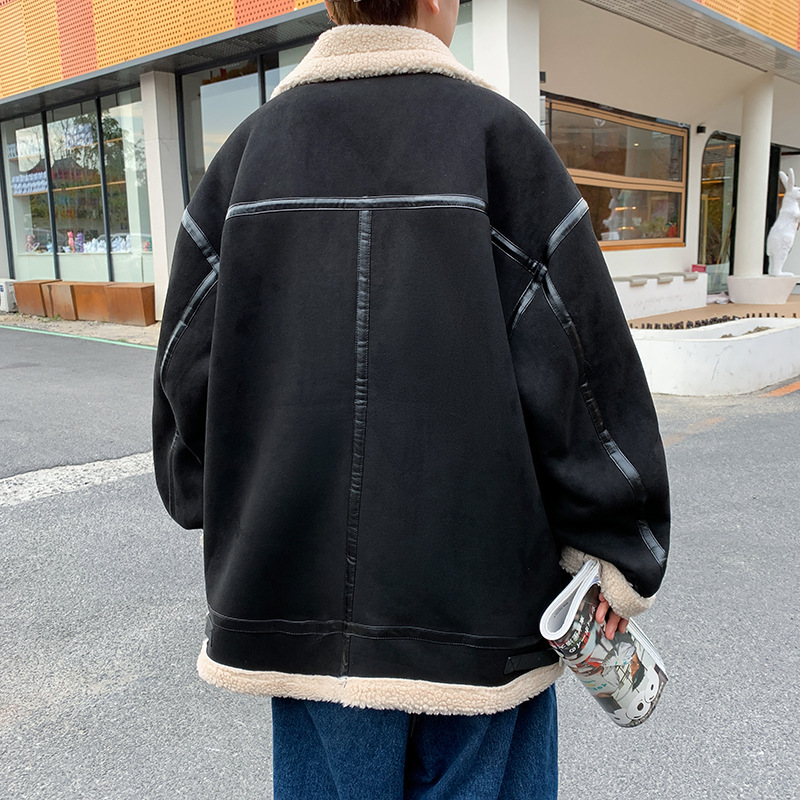 Abrigo de lana de cordero invierno de los Hombres estilo coreano Harajuku suelta marca de moda ins simple solapa de algodón acolchado chaqueta cardigan