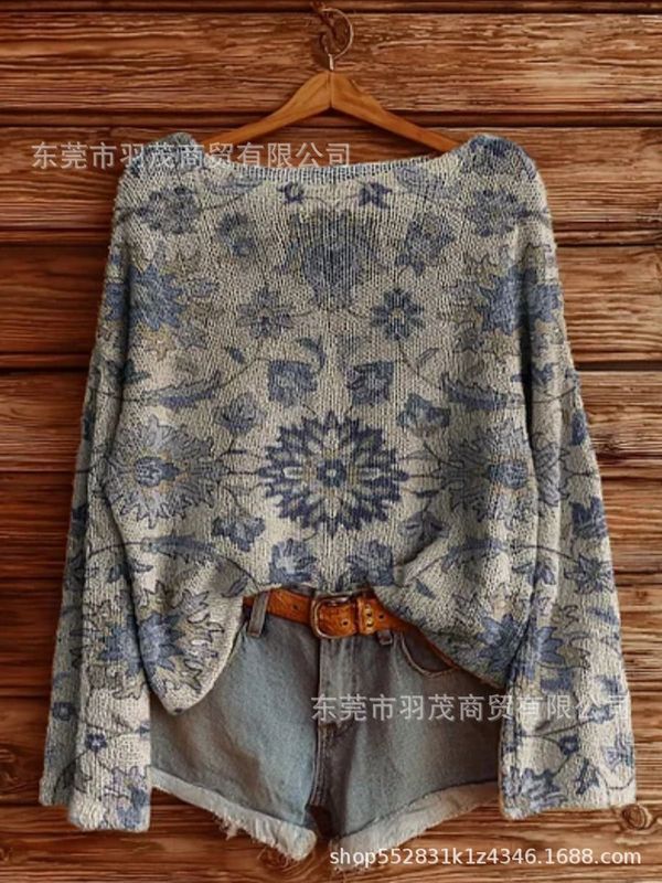 独立站新款高领卫衣仿毛衣 秋冬季碎花圆领宽松毛衣2|undefined