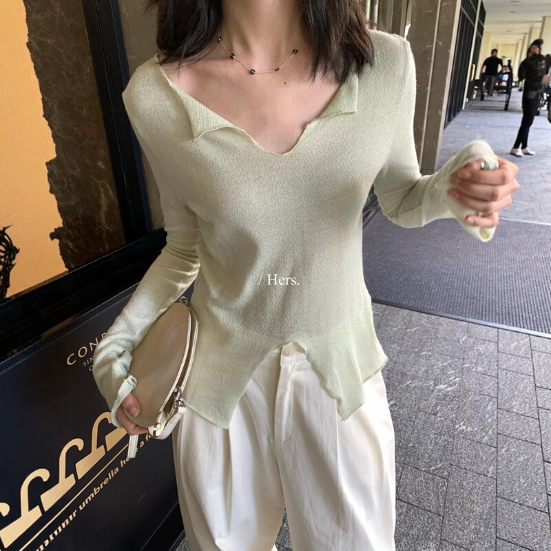 Hers Sweet 2026 Early Autumn Korean Style Cool and Casual Versatile Slit V-Neck Long Sleeve Base Shirt for Women 66661 Hers Sweet 2026 Early Autumn Korean Style Cool and Casual Versatile Slit V-Neck Long Sleeve Base Shirt for Women 66661