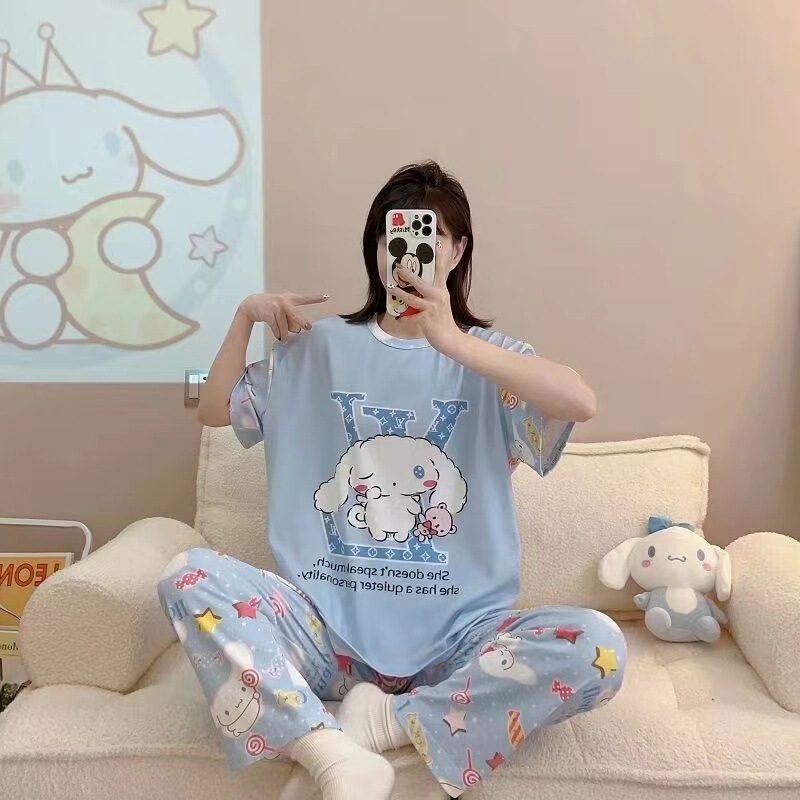 睡衣女春秋款5XL码新款短袖长裤女士印花可爱可外穿家居服套装|undefined