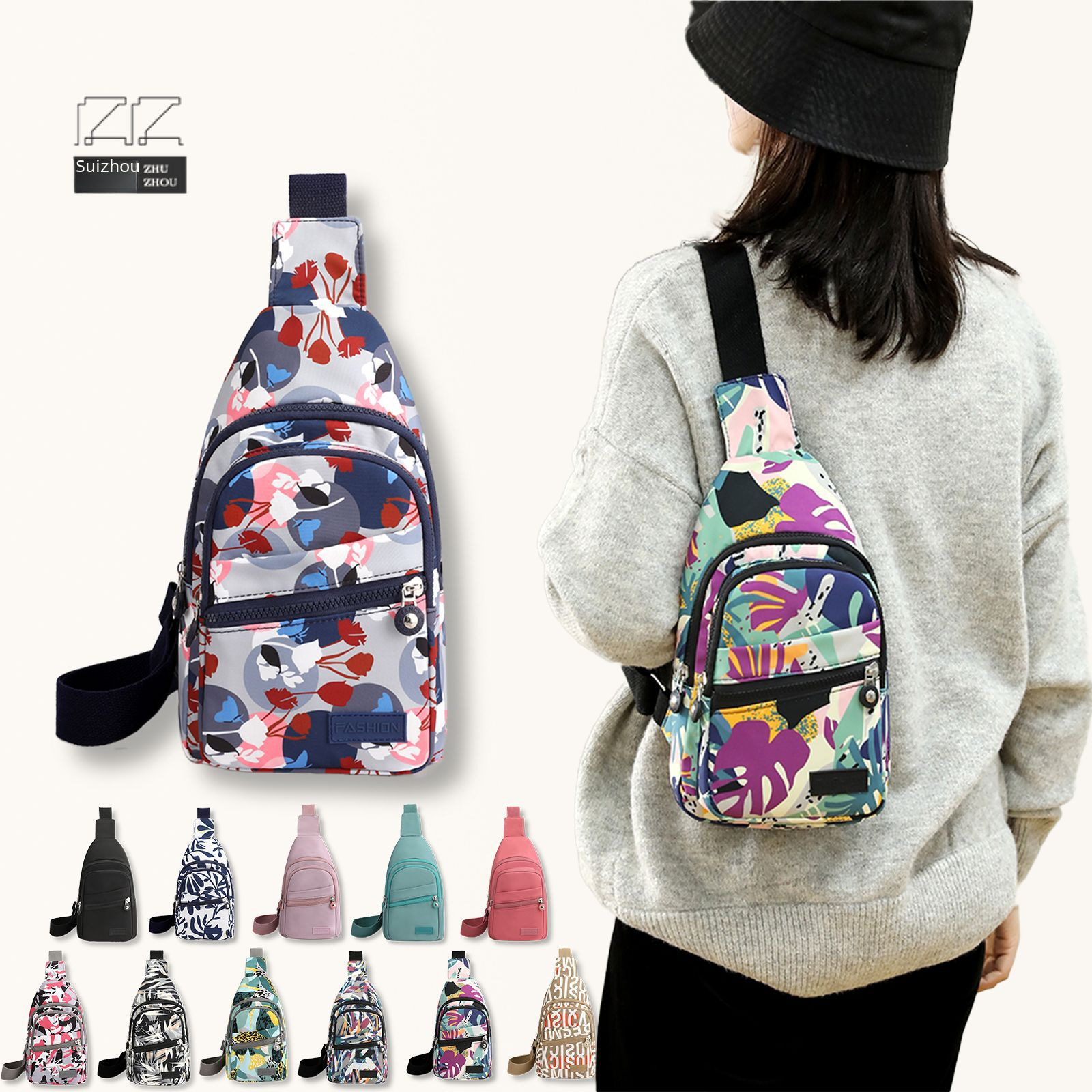 New fashionable multi-layer chest bag for women, simple and lightweight nylon single-shoulder bag, Korean-style casual travel crossbody backpack