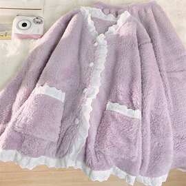 女童睡衣秋冬季花边新款中大童加绒加厚家居服法兰绒套装0009A077