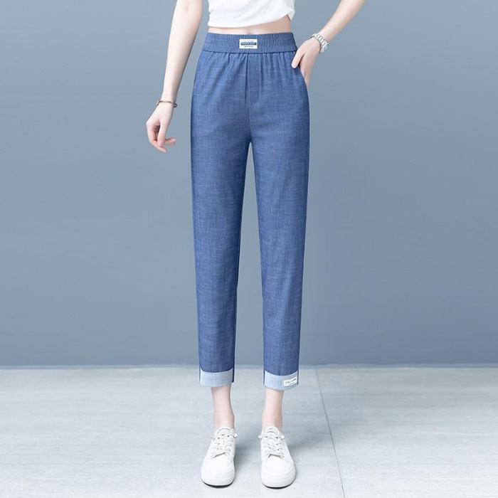 Summer Ice Silk Jeans Women's High Waist Thin Jeans Mom's Elasticized Waist Capri Pants Skinny Pants Large Size Pants