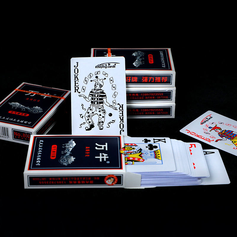 A full box of 100 sets of Wan Niu Playing Cards for card rooms, made of high-quality playing card paper, reinforced and thickened for durability and longevity.