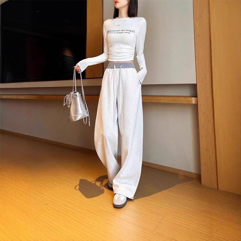 2025秋高级感拼色抽绳运动裤女宽松显瘦弯刀裤卫裤休闲遮肉阔腿裤|undefined