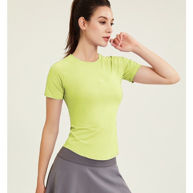 Ropa de ejercicios desnuda para mujeres delgada helada de cuello redondo con mangas de hombro para correr camiseta deportiva delgada ropa de yoga roja en línea