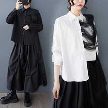 2025春季新款大码宽松复古长袖设计款网纱拼接衬衫 女