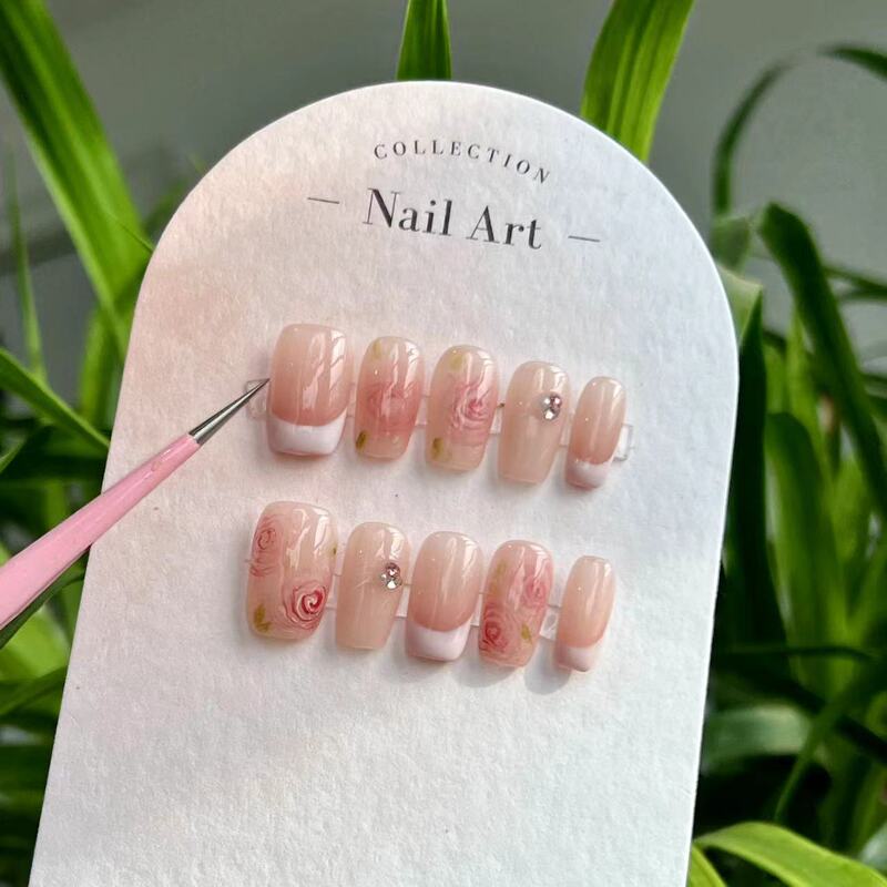 Pure hand-worn armour factory straight hair summer rose vignetting vintage hand-painted rose net red nail removable