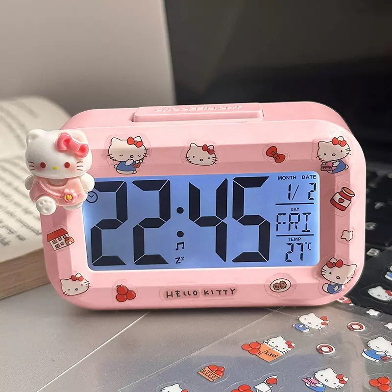 Đồng hồ báo thức màu hồng [Túi hoa KT Cat + Nhãn dán + Pin]