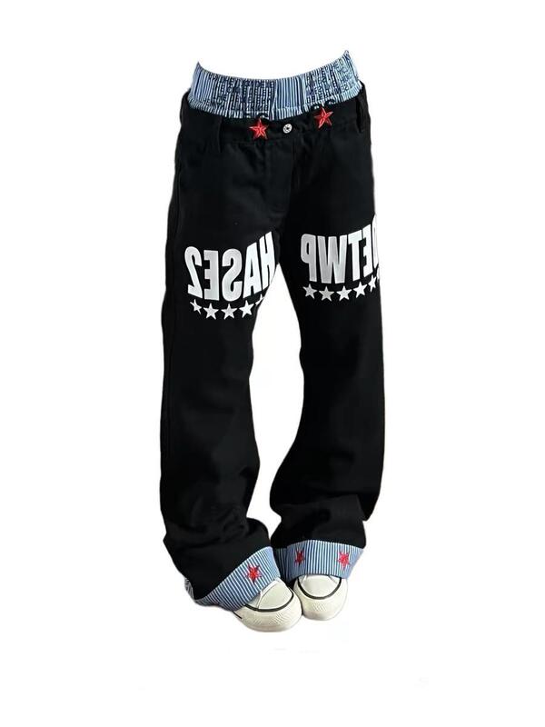 Black Jeans for Men, 2026 Summer New Style, American-Style Double Waist Patchwork, Curved Design, Stacked Straight-Leg Long Pants