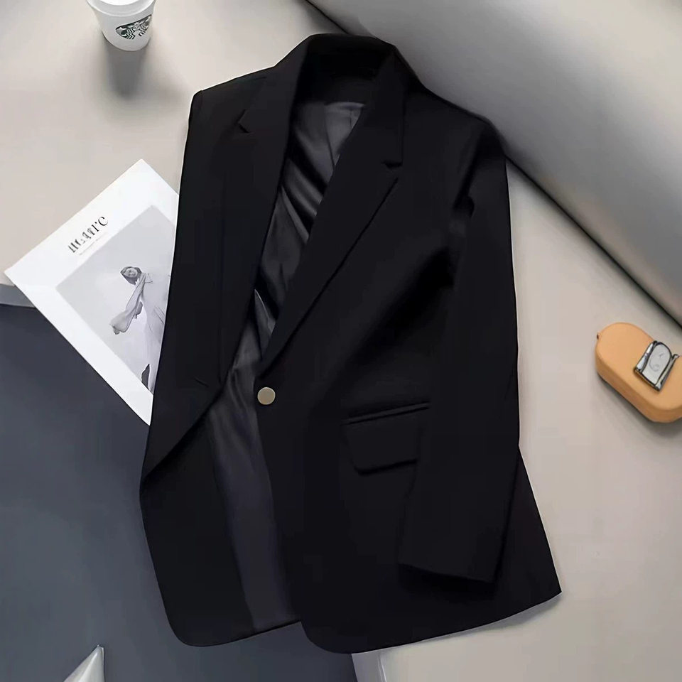 Áo vest nữ dài tay cổ vest một hàng cúc phong cách thanh lịch — Màu trắng ngà, màu đen
