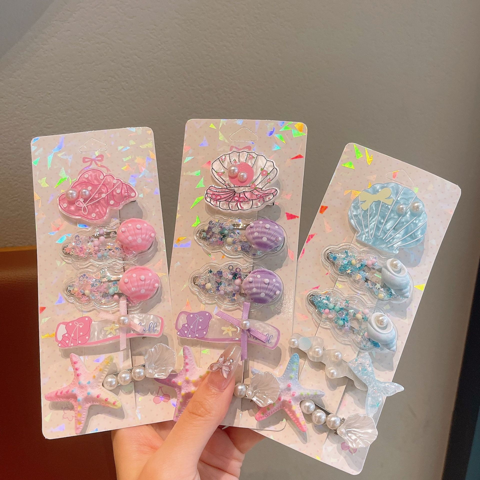 Bonitos pequeños niños frescos clip de pelo conjunto marino viento conchas estrellas perlas tarjetas de pelo princesa niñas al por mayor