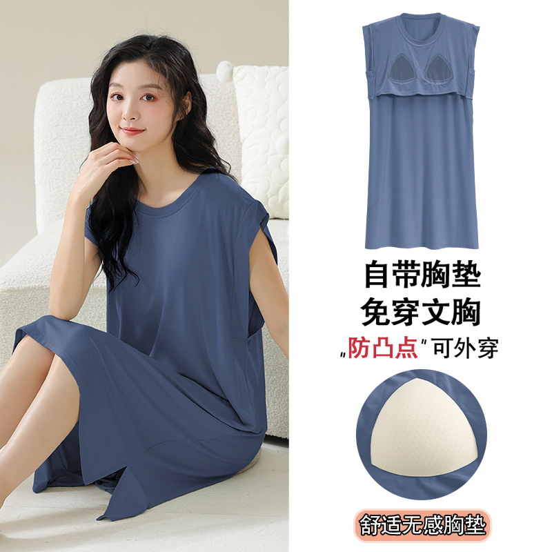 Camisón de mujer modal verano con almohadilla en el pecho media manga de media longitud estilo coreano fresco camisón de ropa para el hogar más tamaño