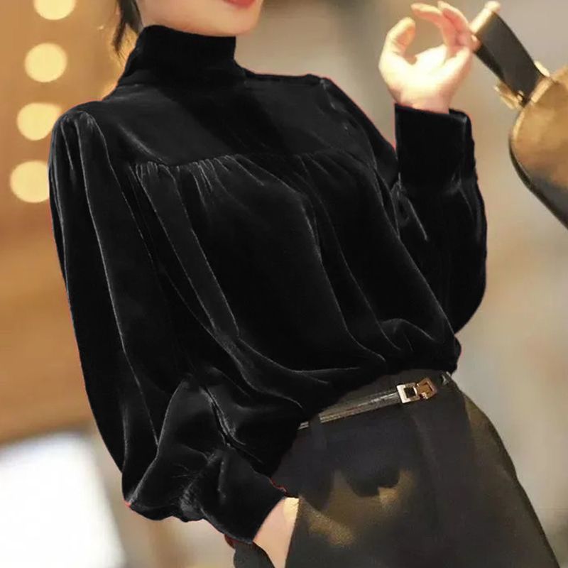 高档金丝绒打底衫半高领女秋冬新款T恤宽松外穿洋气上衣女|undefined
