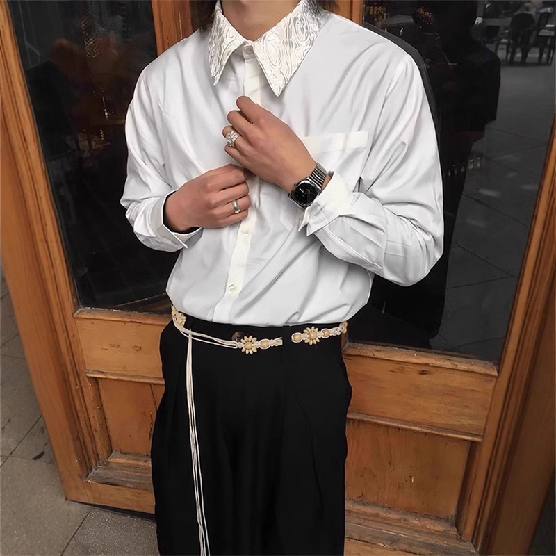 Youth Retro White Embroidered Flower Collar Shirts for Men and Women, Four-Season High-End Shirts, Handsome Design Jackets