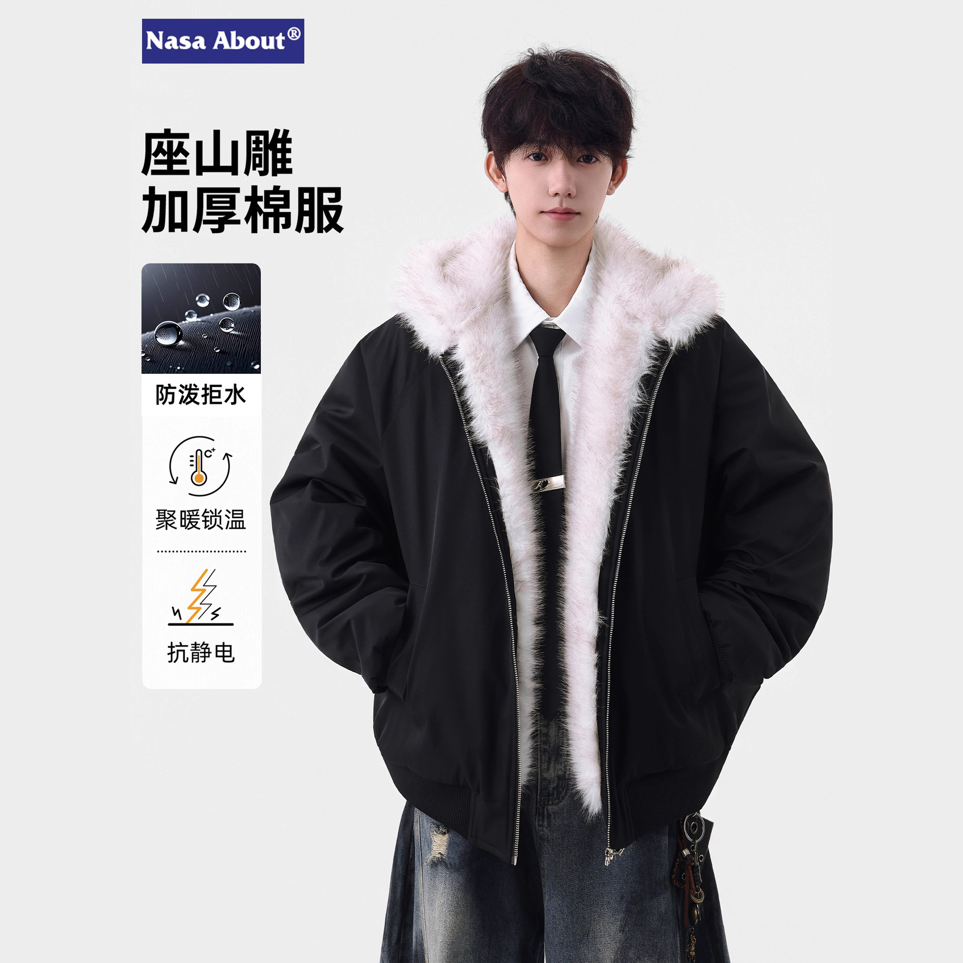 NASA座山雕连帽棉服男冬季2025新款潮牌加厚保暖棉衣纯色棉服外套