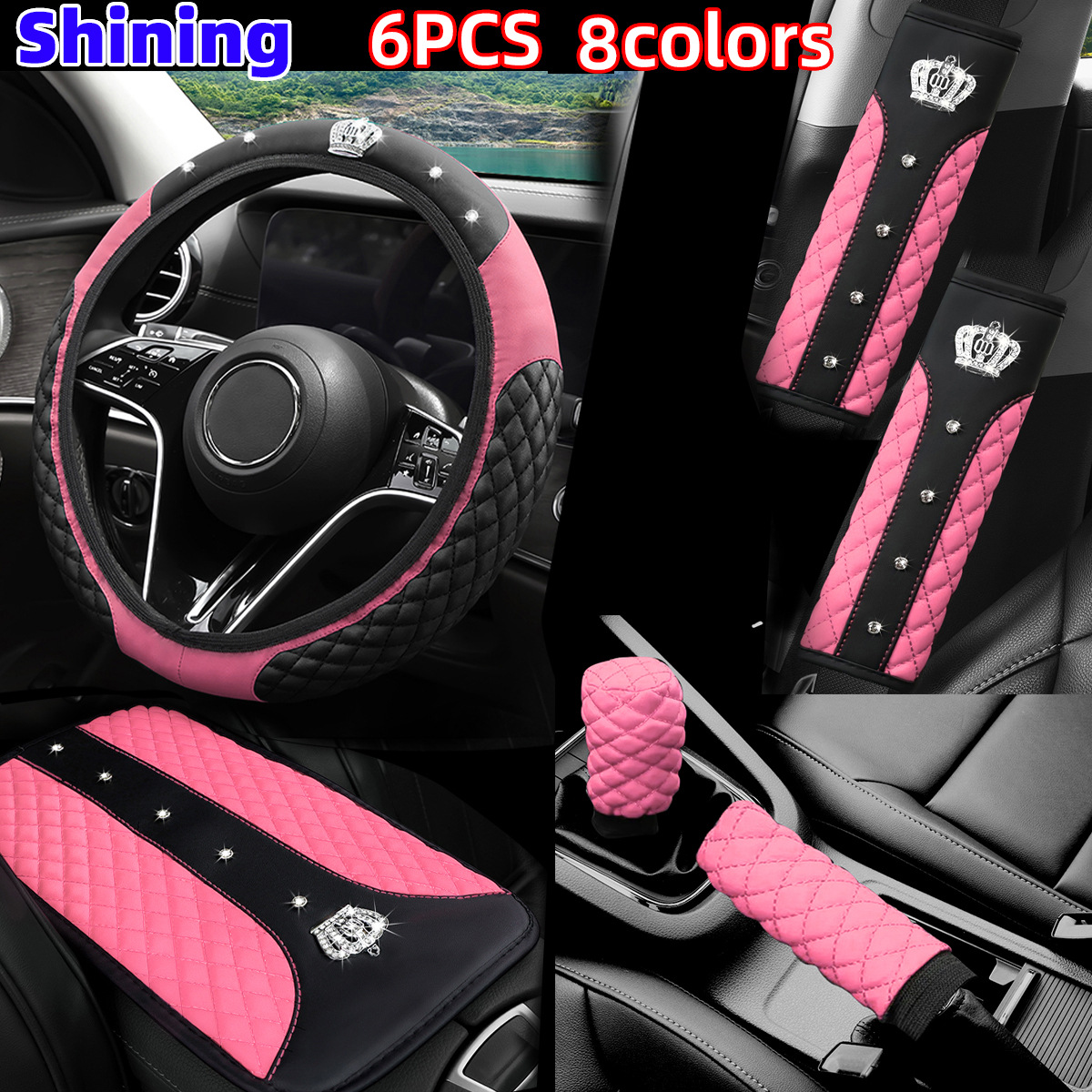 Cross-Border Popular Car Steering Wheel Cover, Leather Diamond-Encrusted Crown, Bubble Armrest Box Pad, Shoulder Protector, Seat Belt Cover Wholesale