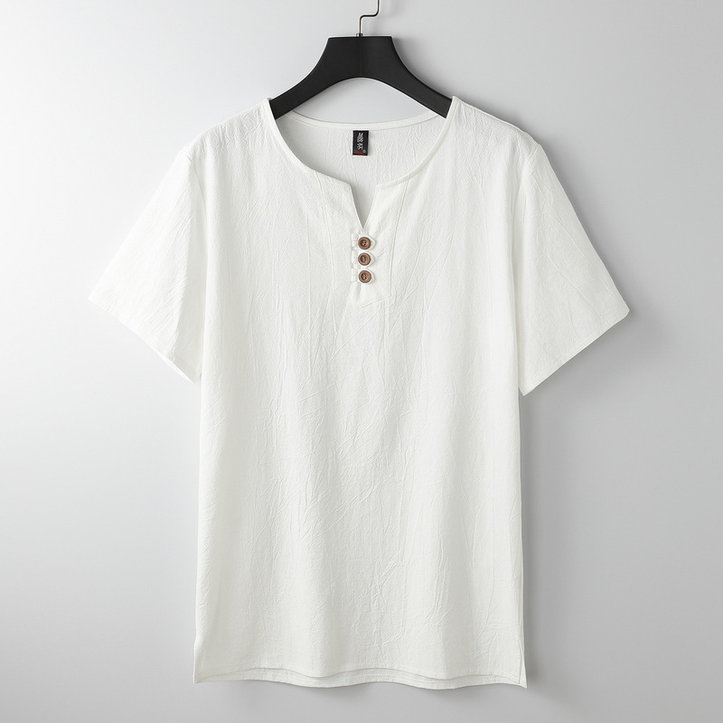 リネン Tシャツメンズ半袖夏ルーズメンズ中国風綿とリネン半袖トレンディな中国風メンズボタンダウントップ|undefined