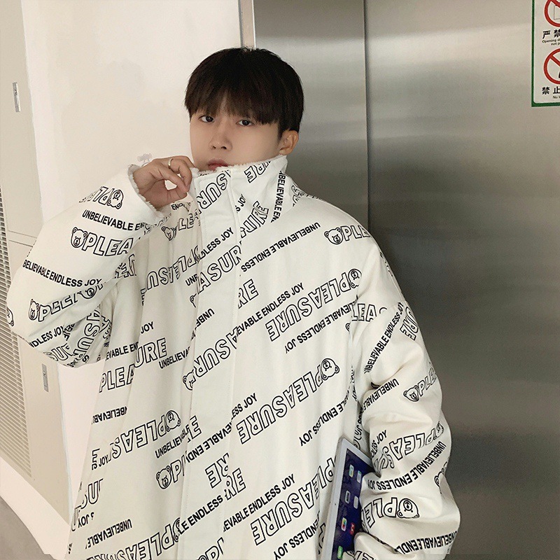 Abrigo de algodón acolchado de lana de cordero de doble cara para hombre Otoño e Invierno estilo de Hong Kong abrigo de algodón acolchado estampado completo suelto estilo coreano de moda chaqueta acolchada de algodón de pareja a juego